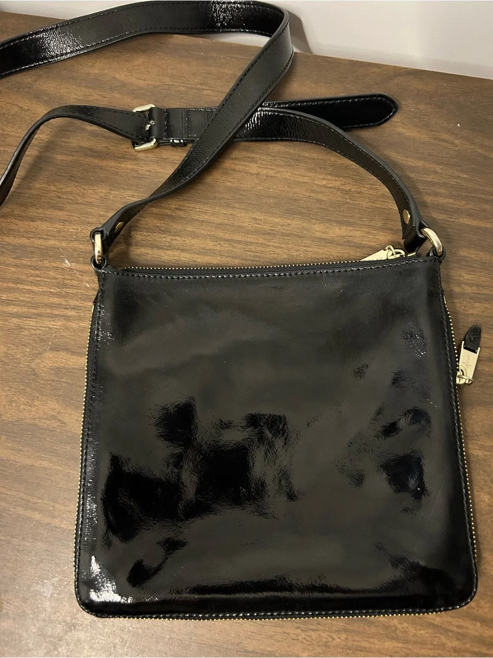 Cole Haan Black Patent Leather Pink Interior Double Zip Crossbody Bag